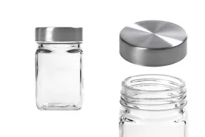 Pot carré de 270ml en verre 65 x 110 mm avec couvercle argenté-1