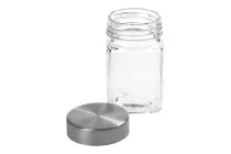 Βαζάκι 270 ml γυάλινο τετράγωνο 65x110 mm με ασημί καπάκι Βαζάκι 270 ml γυάλινο τετράγωνο 65x110 mm με ασημί καπάκι