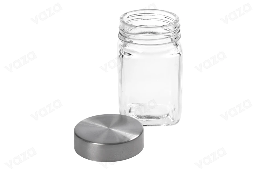 Βαζάκι 270 ml γυάλινο τετράγωνο 65x110 mm με ασημί καπάκι Βαζάκι 270 ml γυάλινο τετράγωνο 65x110 mm με ασημί καπάκι-εικόνα_σύνθεση
