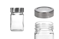 Βαζάκι 270 ml γυάλινο τετράγωνο 65x110 mm με καπάκι σε ασημί-διάφανο Βαζάκι 270 ml γυάλινο τετράγωνο 65x110 mm με καπάκι σε ασημί-διάφανο