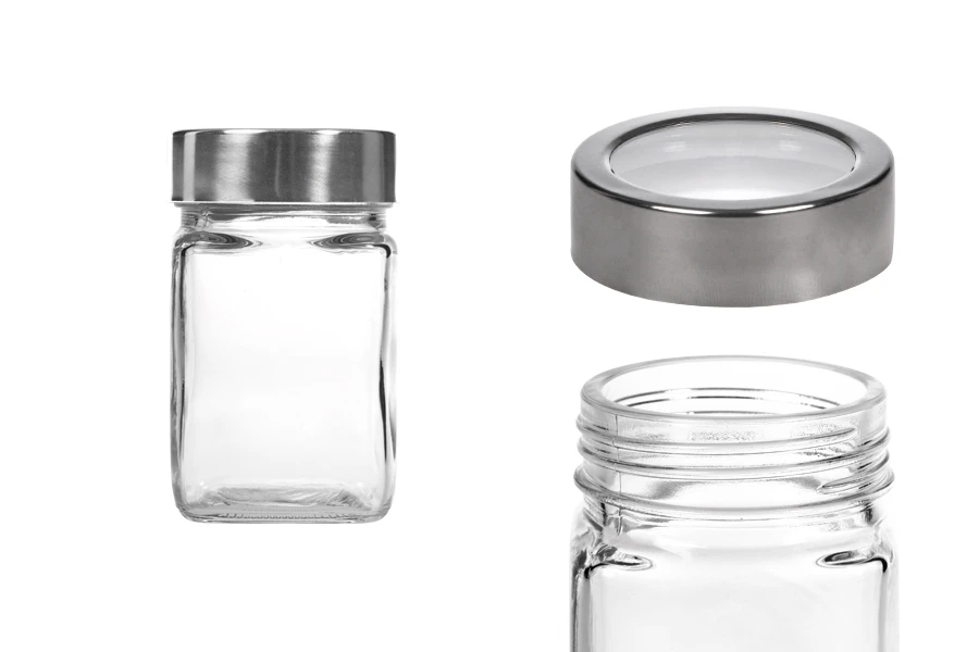 Βαζάκι 270 ml γυάλινο τετράγωνο 65x110 mm με καπάκι σε ασημί-διάφανο Βαζάκι 270 ml γυάλινο τετράγωνο 65x110 mm με καπάκι σε ασημί-διάφανο