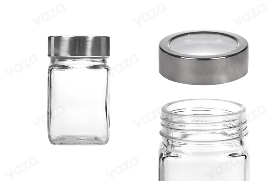 Flaschen 270 ml Glas Quadrat 65x110 mm mit Deckel in Silber-transparent Flaschen 270 ml Glas Quadrat 65x110 mm mit Deckel in Silber-transparent-εικόνα_προϊοντική