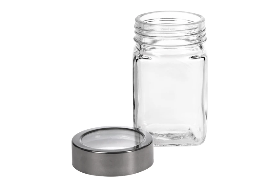 Βαζάκι 270 ml γυάλινο τετράγωνο 65x110 mm με καπάκι σε ασημί-διάφανο Βαζάκι 270 ml γυάλινο τετράγωνο 65x110 mm με καπάκι σε ασημί-διάφανο