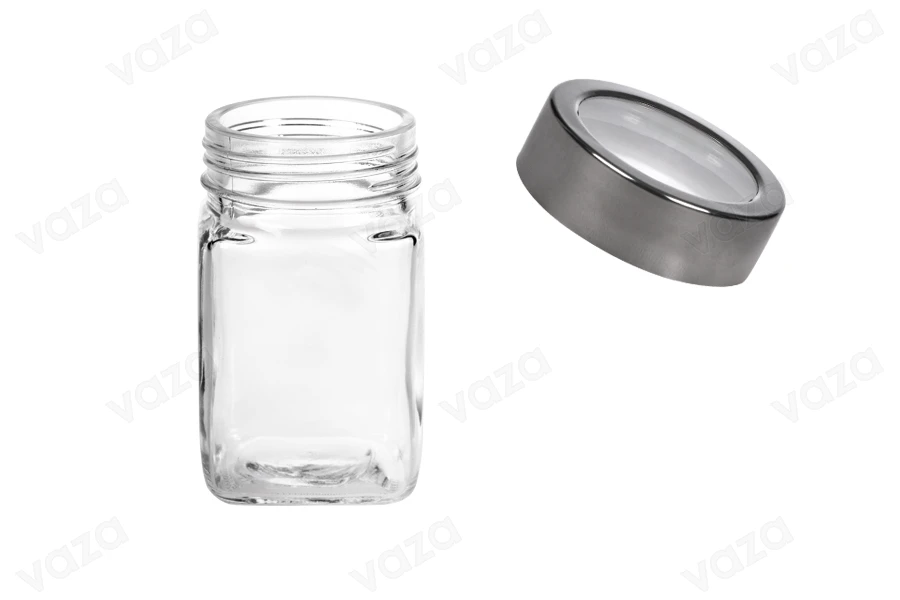 Flaschen 270 ml Glas Quadrat 65x110 mm mit Deckel in Silber-transparent Flaschen 270 ml Glas Quadrat 65x110 mm mit Deckel in Silber-transparent-εικόνα_διαστάσεις