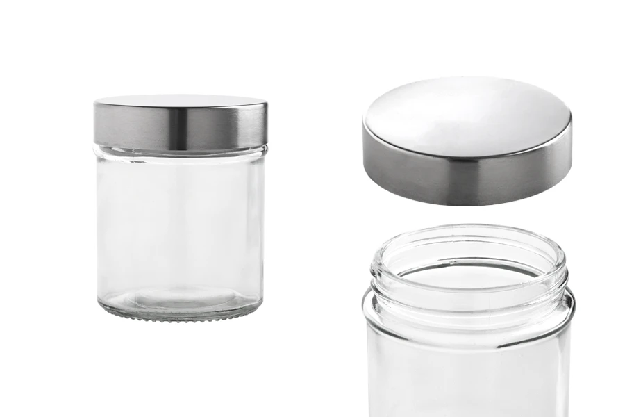 Βαζάκι 300 ml γυάλινο στρογγυλό 80x100 mm με ασημί καπάκι Βαζάκι 300 ml γυάλινο στρογγυλό 80x100 mm με ασημί καπάκι