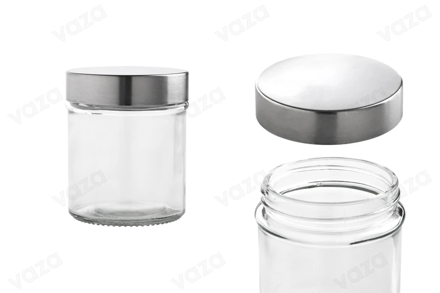 Barattolo di vetro rotondo da 300 ml, dimensioni 80x100 mm, con coperchio color argento. Barattolo di vetro rotondo da 300 ml, dimensioni 80x100 mm, con coperchio color argento.-εικόνα_προϊοντική