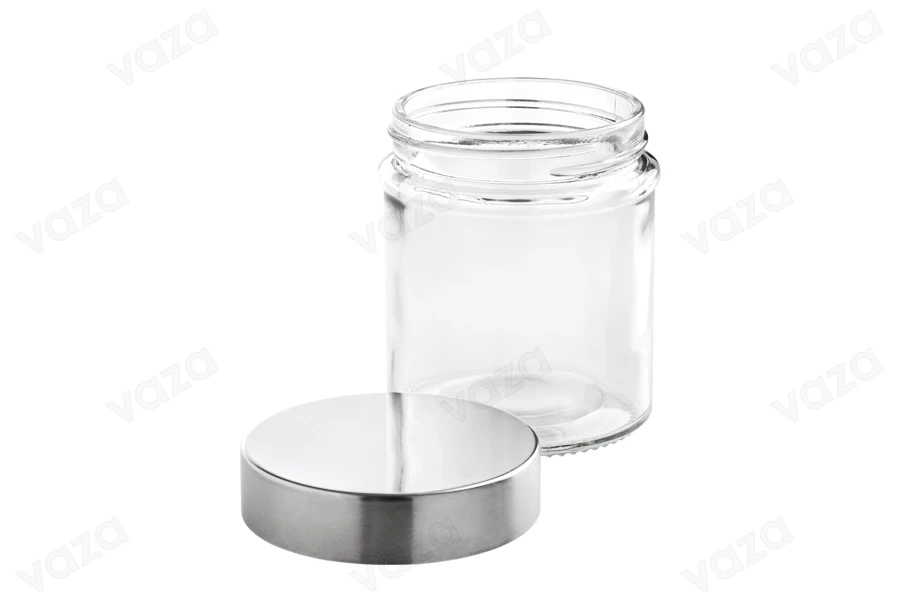 Barattolo di vetro rotondo da 300 ml, dimensioni 80x100 mm, con coperchio color argento. Barattolo di vetro rotondo da 300 ml, dimensioni 80x100 mm, con coperchio color argento.-εικόνα_διαστάσεις