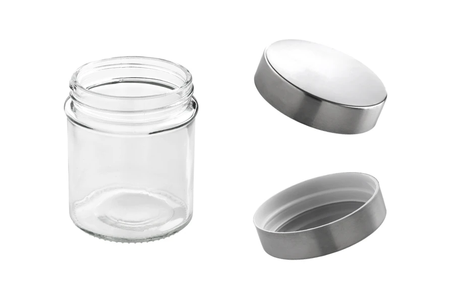 Βαζάκι 300 ml γυάλινο στρογγυλό 80x100 mm με ασημί καπάκι Βαζάκι 300 ml γυάλινο στρογγυλό 80x100 mm με ασημί καπάκι