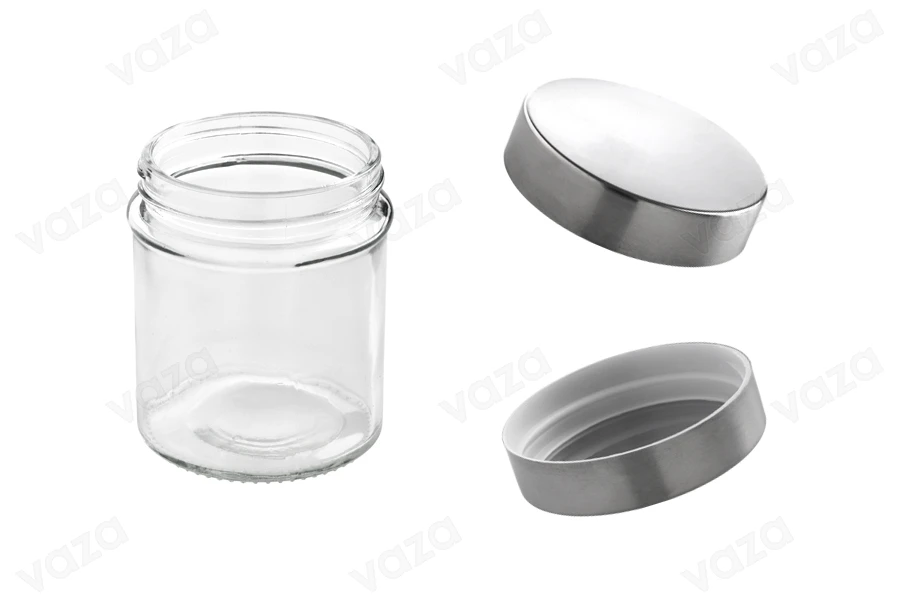Barattolo di vetro rotondo da 300 ml, dimensioni 80x100 mm, con coperchio color argento. Barattolo di vetro rotondo da 300 ml, dimensioni 80x100 mm, con coperchio color argento.-