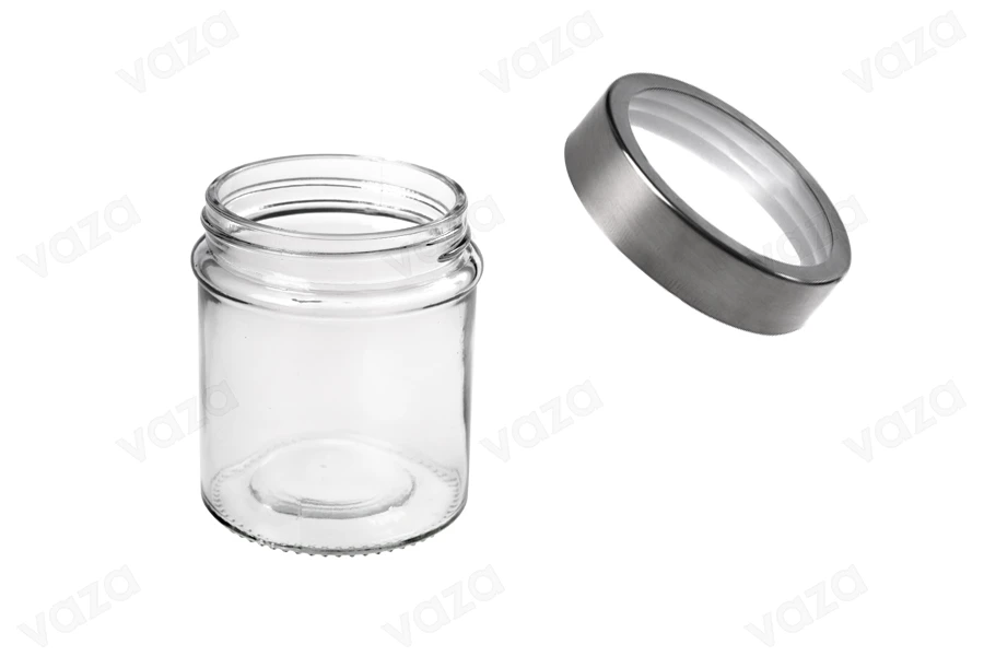 Petit pot rond de 300ml en verre 80 x 100 mm avec couvercle en argent-transparent-