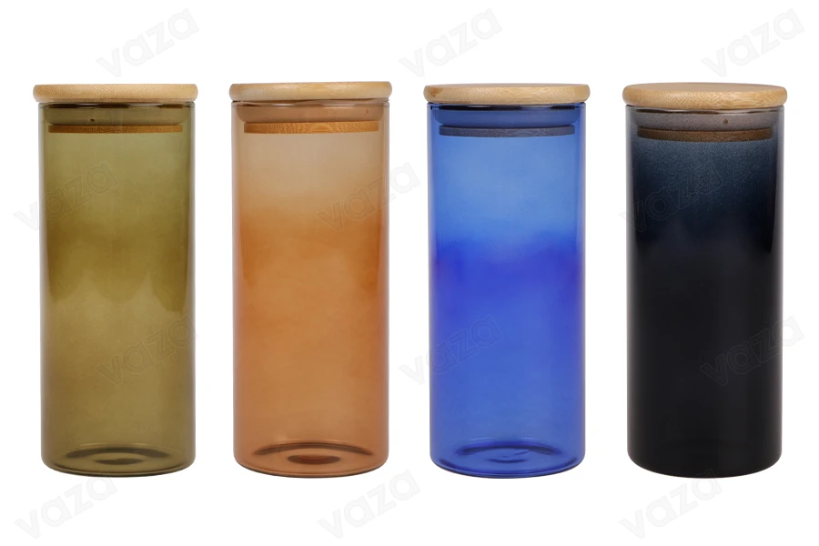 Βαζάκι γυάλινο 65x150 mm με ξύλινο καπάκι σε διάφορα χρώματα Βαζάκι γυάλινο 65x150 mm με ξύλινο καπάκι σε διάφορα χρώματα-εικόνα_σύνθεση