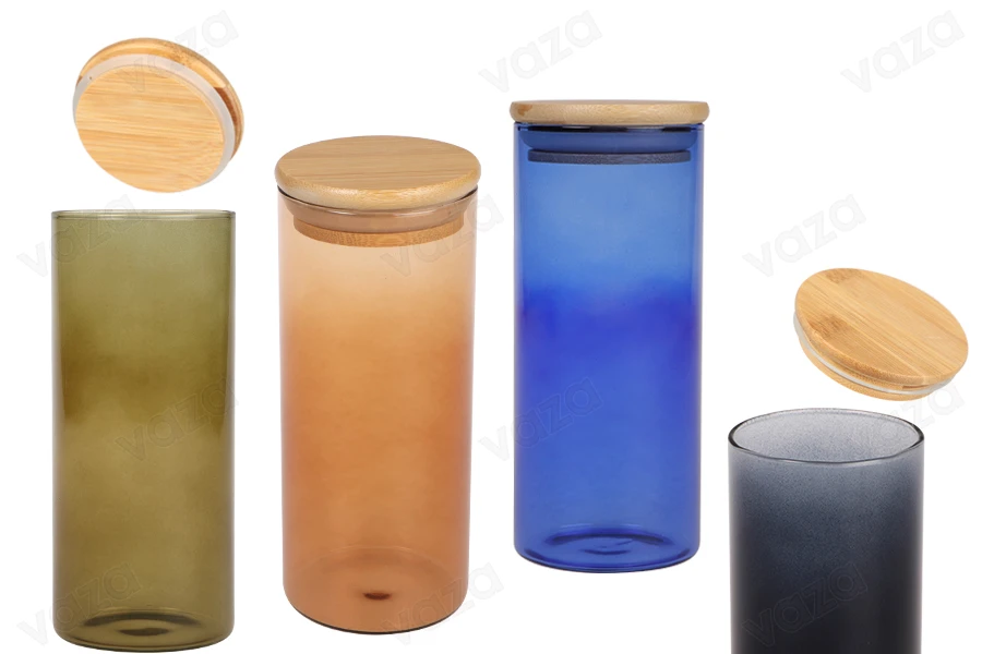 Βαζάκι γυάλινο 65x150 mm με ξύλινο καπάκι σε διάφορα χρώματα Βαζάκι γυάλινο 65x150 mm με ξύλινο καπάκι σε διάφορα χρώματα-εικόνα_προϊοντική