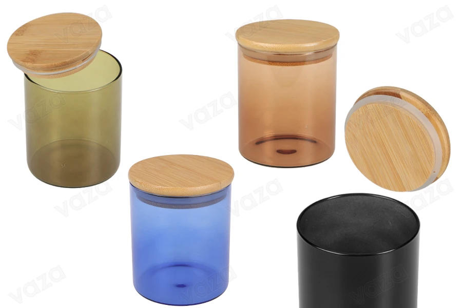 Bocal en verre 85x100 mm avec couvercle en bois et caoutchouc-photo_produit