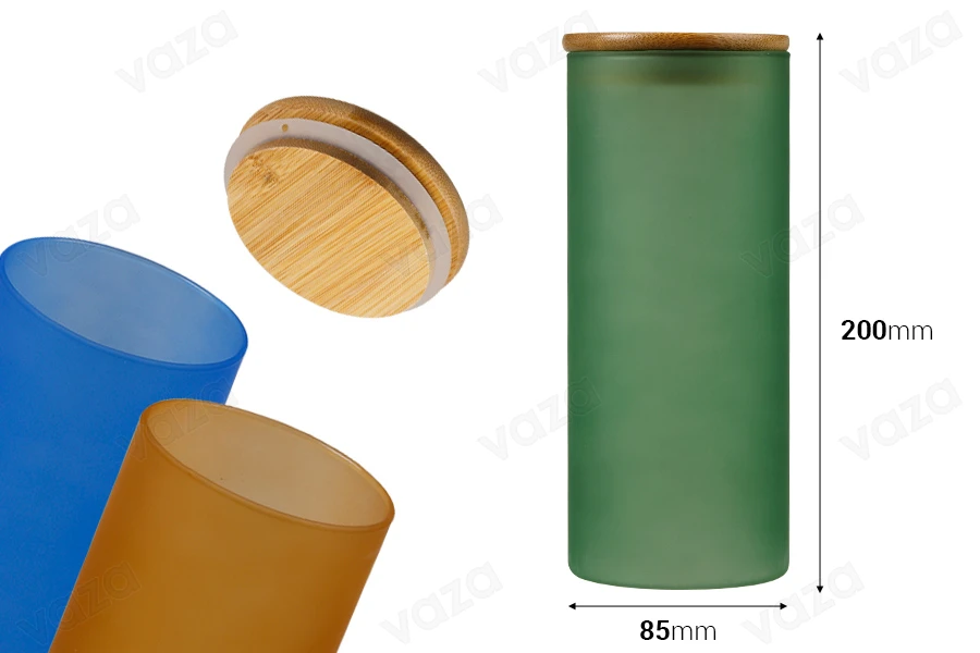 Βαζάκι γυάλινο 85x200 mm με ξύλινο καπάκι σε διάφορα ματ χρώματα-εικόνα_διαστάσεις