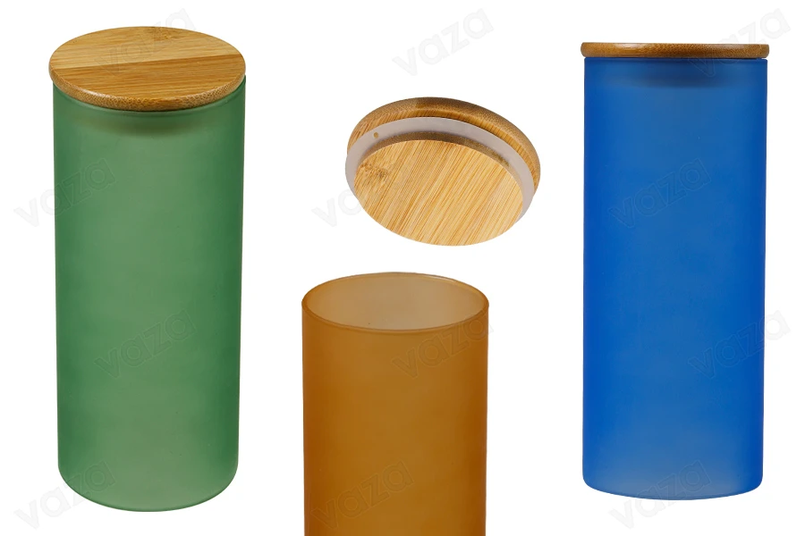 Βαζάκι γυάλινο 85x200 mm με ξύλινο καπάκι σε διάφορα ματ χρώματα-εικόνα_προϊοντική