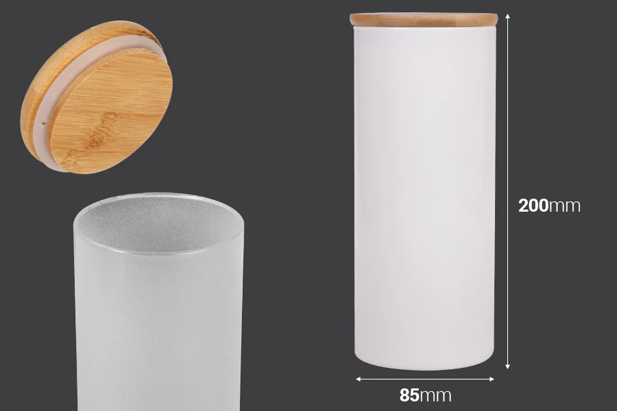 Βαζάκι γυάλινο 85x200 mm με ξύλινο καπάκι σε διάφορα χρώματα