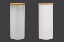 Βαζάκι γυάλινο 85x200 mm με ξύλινο καπάκι σε διάφορα χρώματα