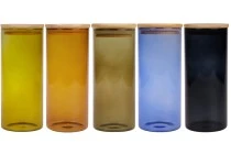 Βαζάκι γυάλινο 85x200 mm με ξύλινο καπάκι σε διάφορα χρώματα