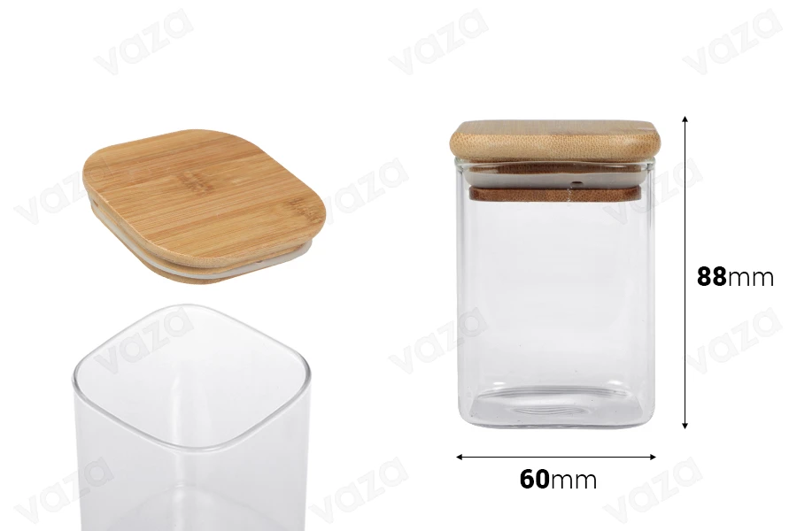 Βάζο γυάλινο 200 ml, τετράγωνο με ξύλινο καπάκι και λάστιχο Βάζο γυάλινο 200 ml, τετράγωνο με ξύλινο καπάκι και λάστιχο-εικόνα_διαστάσεις