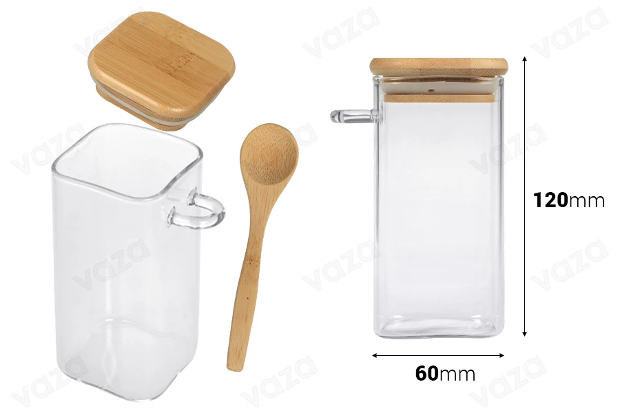 Pot carré en verre de 310 ml 60 x 120 mm avec cuillère et couvercle en bois-εικόνα_διαστάσεις