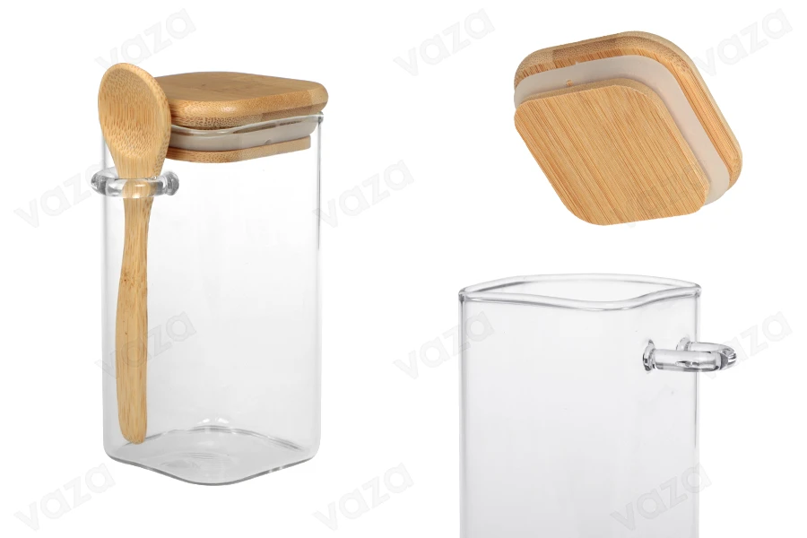 Pot carré en verre de 310 ml 60 x 120 mm avec cuillère et couvercle en bois-εικόνα_προϊοντική