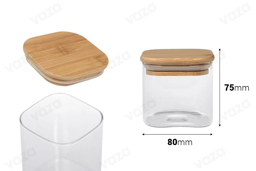 290ml Glasdose, quadratisch mit Holzdeckel und Gummi-bildabmessungen