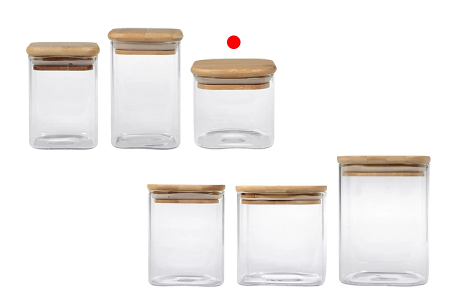 Barattolo quadrato in vetro da 290 ml, con coperchio in legno e gomma