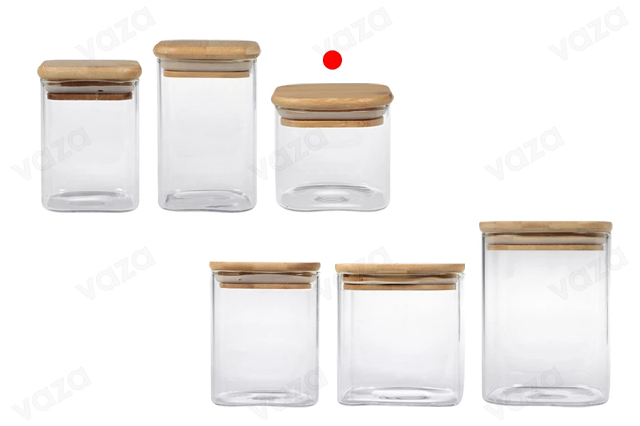 290ml Glasdose, quadratisch mit Holzdeckel und Gummi-bildgruppe