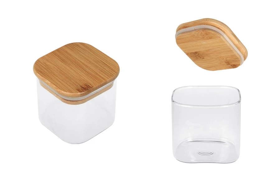 Barattolo quadrato in vetro da 290 ml, con coperchio in legno e gomma
