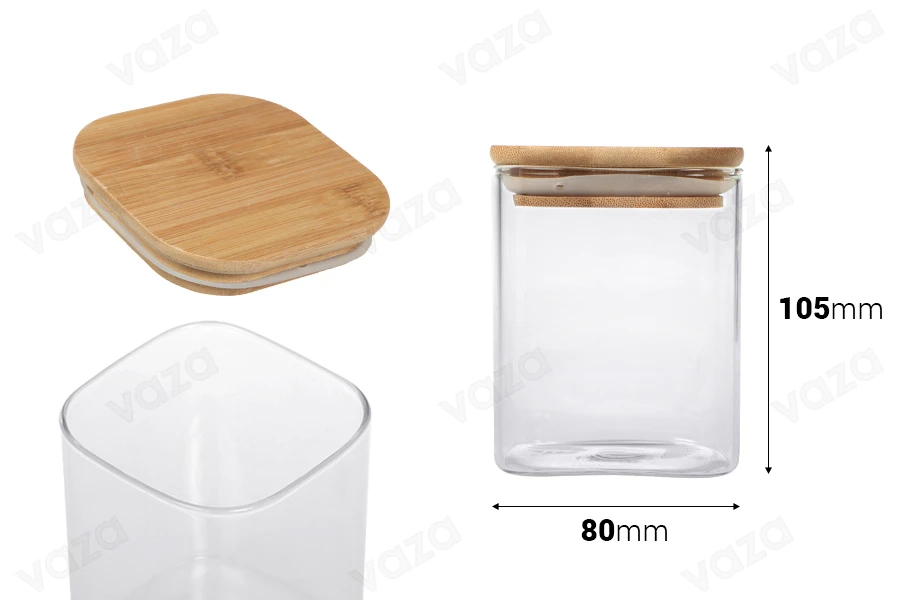 410ml Glasdose, quadratisch mit Holzdeckel und Gummi-bildabmessungen