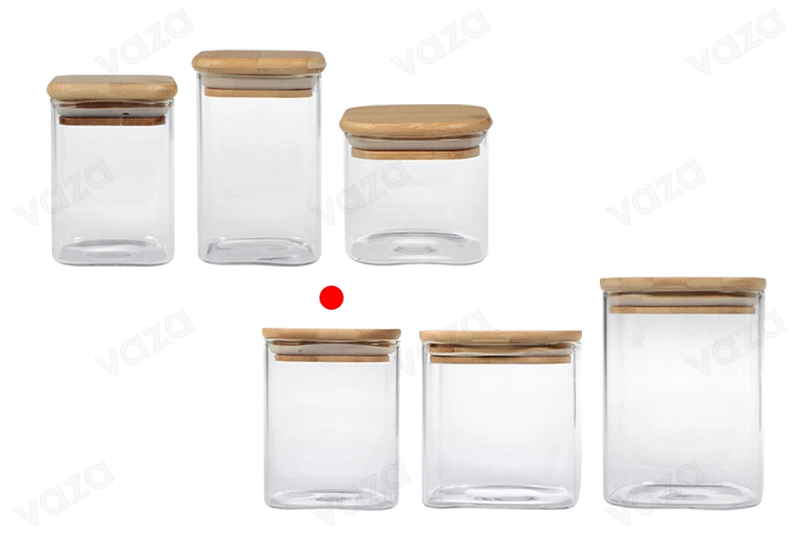 410ml Glasdose, quadratisch mit Holzdeckel und Gummi-bildgruppe