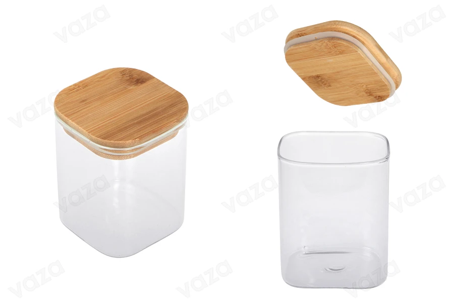 410ml Glasdose, quadratisch mit Holzdeckel und Gummi-produktbild