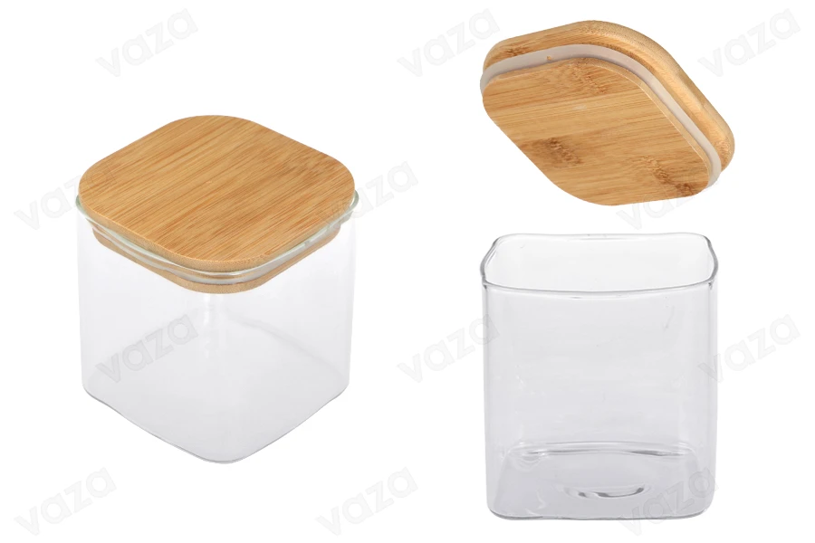 Glass jar 680 ml, square with wooden lid and rubber Glass jar 680 ml, square with wooden lid and rubber-image_product