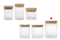 Βάζο γυάλινο 830 ml, τετράγωνο με ξύλινο καπάκι και λάστιχο Βάζο γυάλινο 830 ml, τετράγωνο με ξύλινο καπάκι και λάστιχο