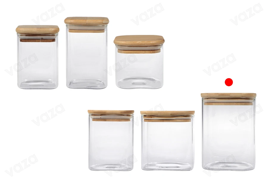 Barattolo quadrato in vetro da 830 ml, con coperchio in legno e gomma Barattolo quadrato in vetro da 830 ml, con coperchio in legno e gomma-gruppo_immagini