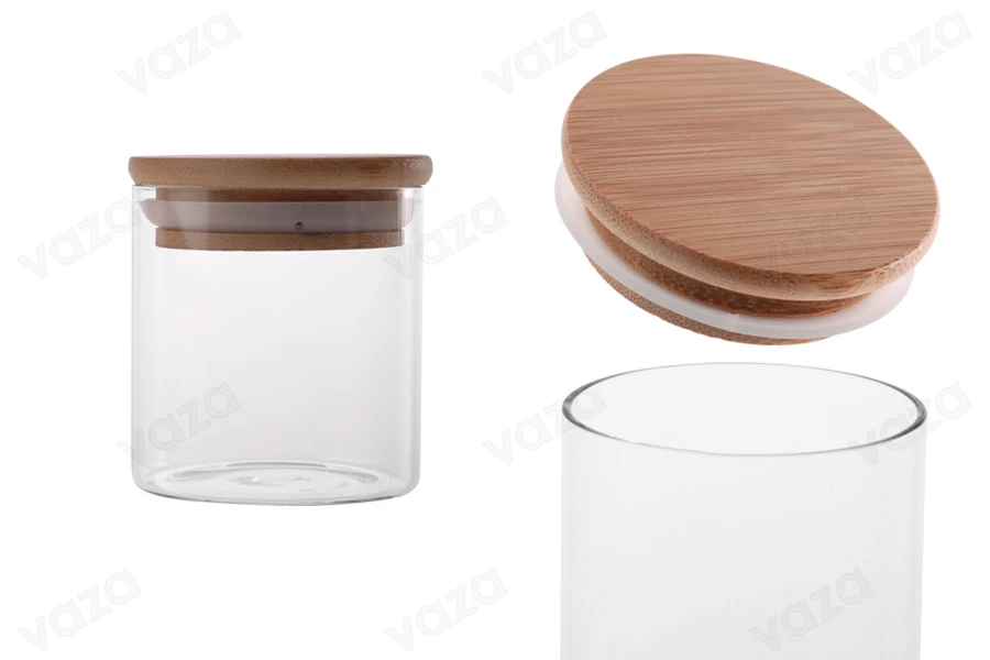 Βαζάκι γυάλινο 160 ml, στρογγυλό με ξύλινο καπάκι και λάστιχο-εικόνα_προϊοντική