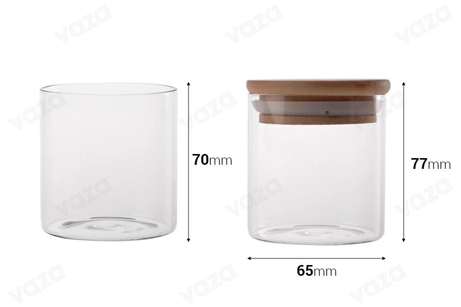 Βαζάκι γυάλινο 160 ml, στρογγυλό με ξύλινο καπάκι και λάστιχο-εικόνα_διαστάσεις