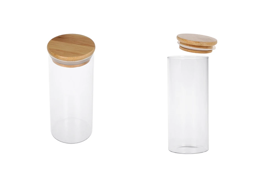 Βαζάκι γυάλινο 400 ml, στρογγυλό με ξύλινο καπάκι και λάστιχο Βαζάκι γυάλινο 400 ml, στρογγυλό με ξύλινο καπάκι και λάστιχο