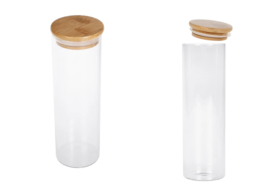 Βαζάκι γυάλινο 550 ml, στρογγυλό με ξύλινο καπάκι και λάστιχο Βαζάκι γυάλινο 550 ml, στρογγυλό με ξύλινο καπάκι και λάστιχο
