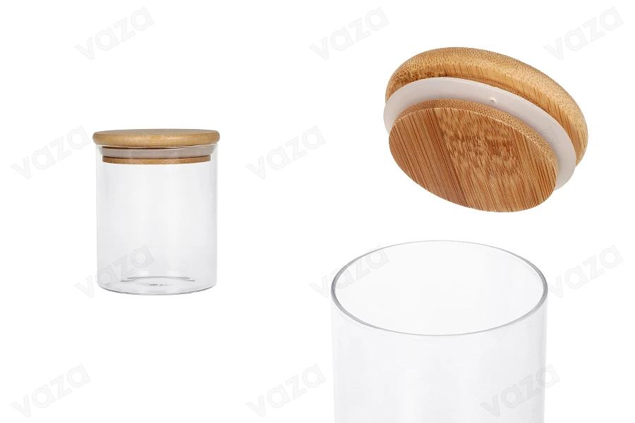 450ml Glas, rund mit Holzdeckel und Gummi 450ml Glas, rund mit Holzdeckel und Gummi-produktbild