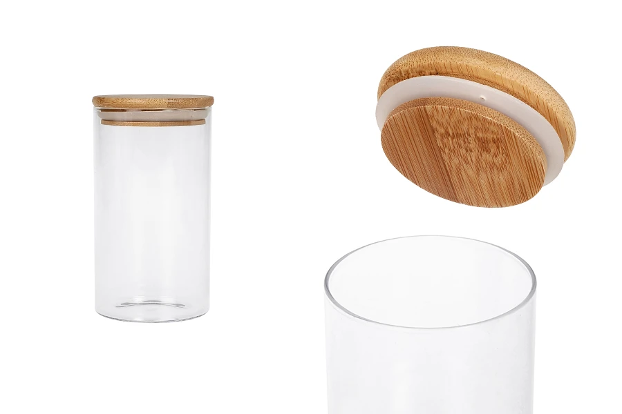 Βαζάκι γυάλινο 700 ml, στρογγυλό με ξύλινο καπάκι και λάστιχο Βαζάκι γυάλινο 700 ml, στρογγυλό με ξύλινο καπάκι και λάστιχο