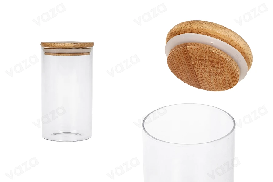 Βαζάκι γυάλινο 700 ml, στρογγυλό με ξύλινο καπάκι και λάστιχο-εικόνα_προϊοντική