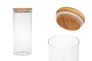 Petit pot rond en verre de 1000ml  avec couvercle en bois et bande élastique-1