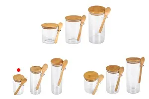Pot rond en verre de 250ml 65 x 100 mm avec cuillère et couvercle en bois-3
