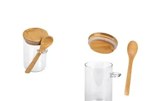Pot rond en verre de 250ml 65 x 100 mm avec cuillère et couvercle en bois-1