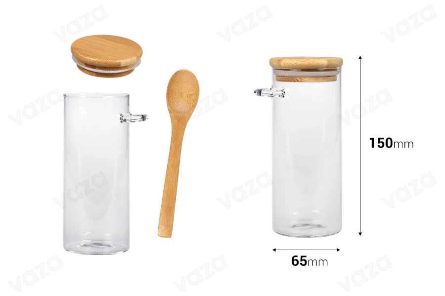 Βάζο 400 ml γυάλινο, στρογγυλό 65x150 mm με κουταλάκι και ξύλινο καπάκι-εικόνα_διαστάσεις