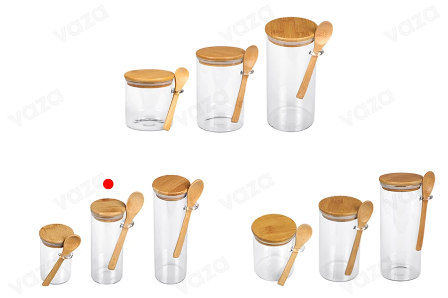 Βάζο 400 ml γυάλινο, στρογγυλό 65x150 mm με κουταλάκι και ξύλινο καπάκι-εικόνα_σύνθεση