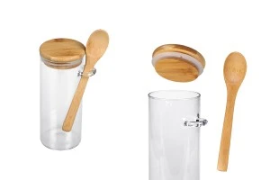 Βάζο 400 ml γυάλινο, στρογγυλό 65x150 mm με κουταλάκι και ξύλινο καπάκι-1