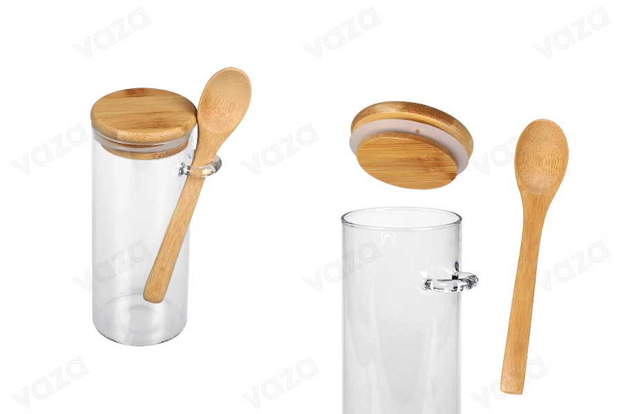 Βάζο 400 ml γυάλινο, στρογγυλό 65x150 mm με κουταλάκι και ξύλινο καπάκι-εικόνα_προϊοντική