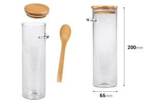 Βάζο 550 ml γυάλινο, στρογγυλό 65x200 mm με κουταλάκι και ξύλινο καπάκι-2